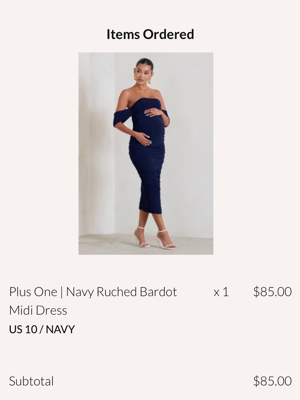 Navy Ruched Bardot Midi Maternity Dress